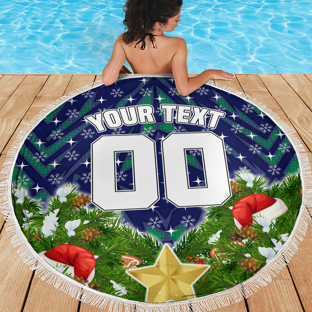 Personalised New Zealand Warriors Rugby Christmas Beach Blanket Santa Rugby Mascot - Pine Wreath Festive