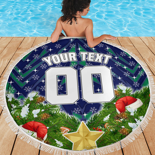 Personalised New Zealand Warriors Rugby Christmas Beach Blanket Santa Rugby Mascot - Pine Wreath Festive