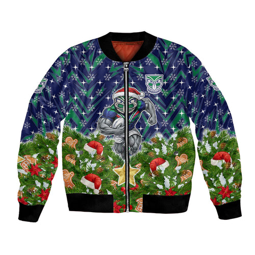 Personalised New Zealand Warriors Rugby Christmas Bomber Jacket Santa Rugby Mascot - Pine Wreath Festive