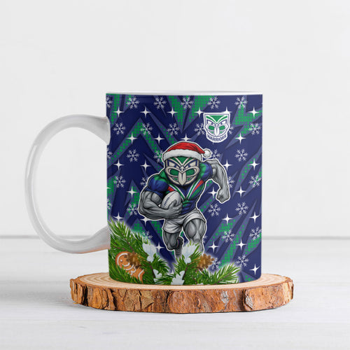 Personalised New Zealand Warriors Rugby Christmas Ceramic Mug Santa Rugby Mascot - Pine Wreath Festive