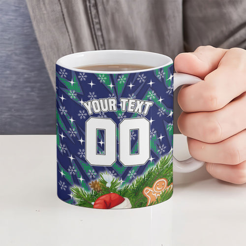 Personalised New Zealand Warriors Rugby Christmas Ceramic Mug Santa Rugby Mascot - Pine Wreath Festive