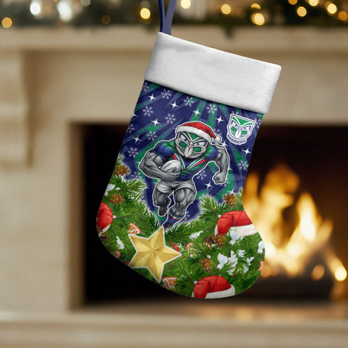 New Zealand Warriors Rugby Christmas Stocking Santa Rugby Mascot - Pine Wreath Festive