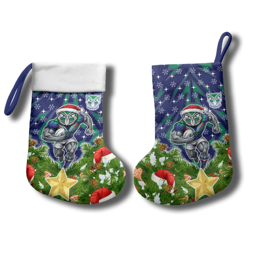 New Zealand Warriors Rugby Christmas Stocking Santa Rugby Mascot - Pine Wreath Festive