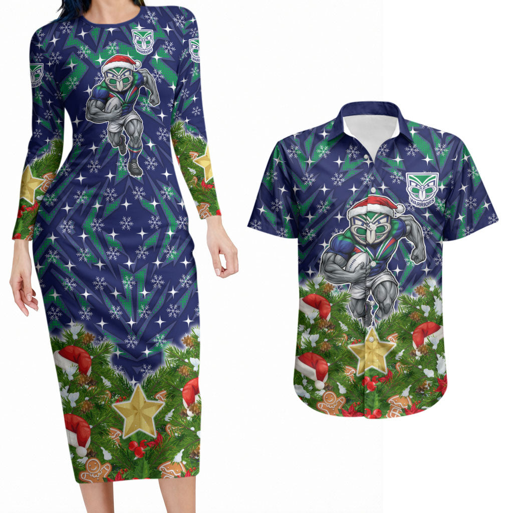 Personalised New Zealand Warriors Rugby Christmas Couples Matching Long Sleeve Bodycon Dress and Hawaiian Shirt Santa Rugby Mascot - Pine Wreath Festive