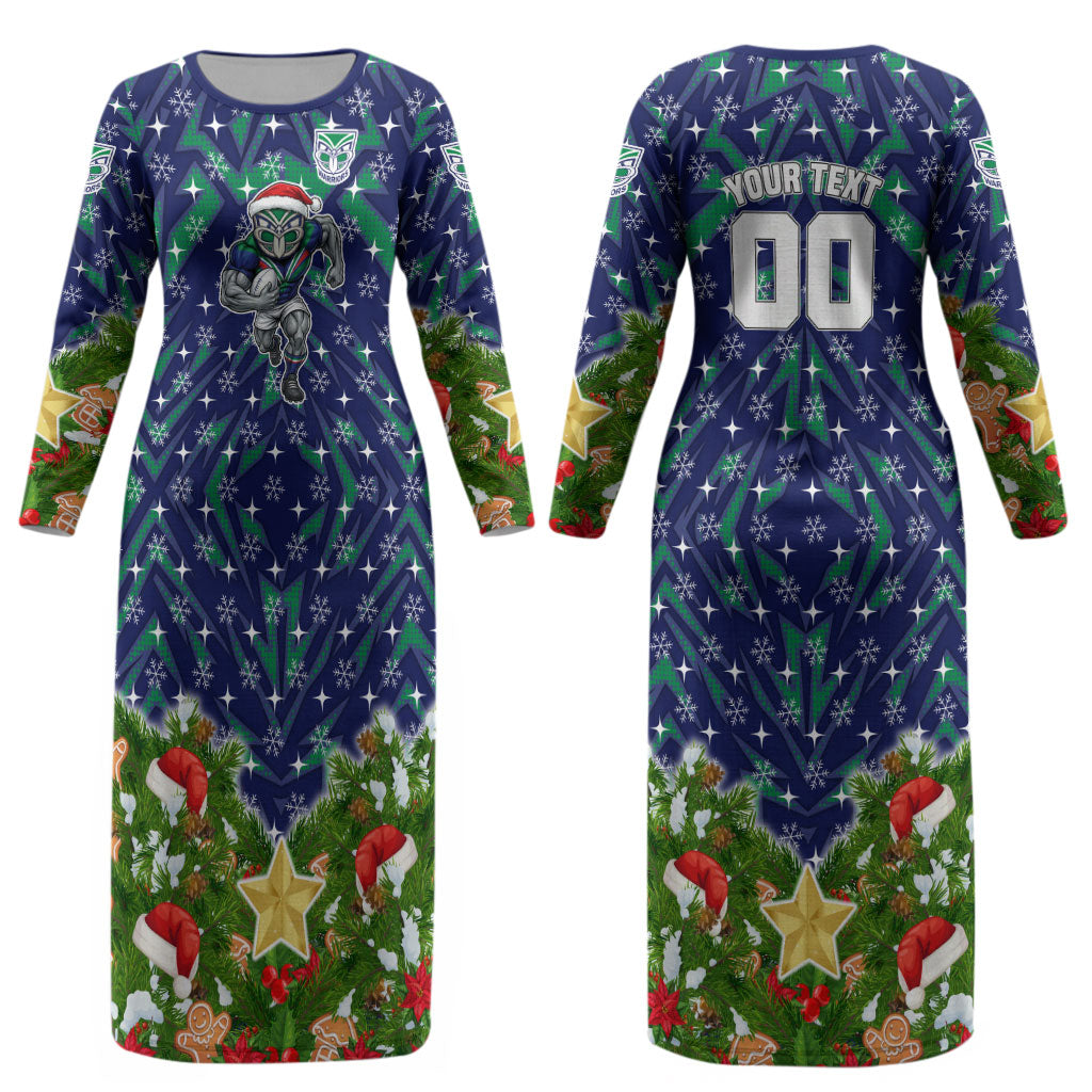 Personalised New Zealand Warriors Rugby Christmas Couples Matching Long Sleeve Bodycon Dress and Hawaiian Shirt Santa Rugby Mascot - Pine Wreath Festive