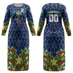 Personalised New Zealand Warriors Rugby Christmas Couples Matching Long Sleeve Bodycon Dress and Hawaiian Shirt Santa Rugby Mascot - Pine Wreath Festive