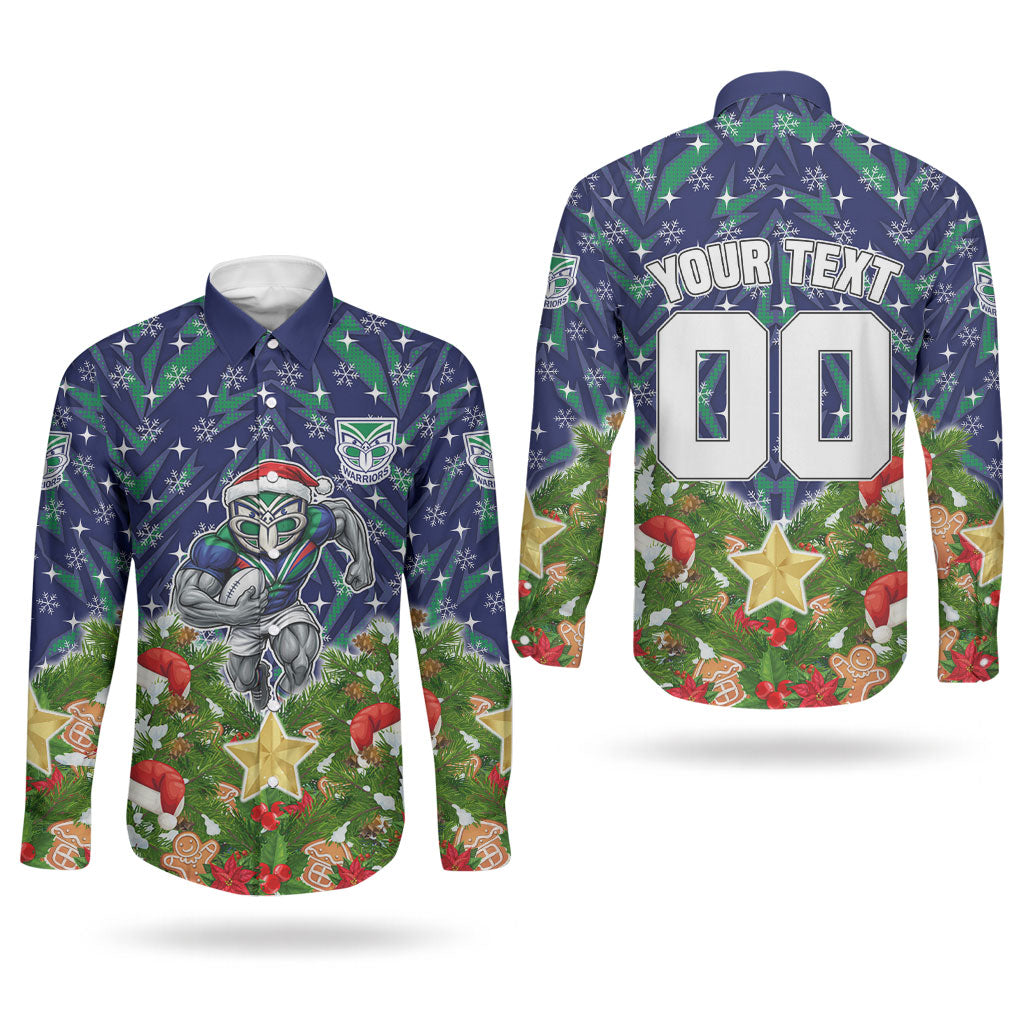 Personalised New Zealand Warriors Rugby Christmas Couples Matching Mermaid Dress and Long Sleeve Button Shirt Santa Rugby Mascot - Pine Wreath Festive