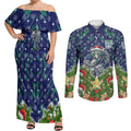 Personalised New Zealand Warriors Rugby Christmas Couples Matching Off Shoulder Maxi Dress and Long Sleeve Button Shirt Santa Rugby Mascot - Pine Wreath Festive