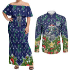Personalised New Zealand Warriors Rugby Christmas Couples Matching Off Shoulder Maxi Dress and Long Sleeve Button Shirt Santa Rugby Mascot - Pine Wreath Festive