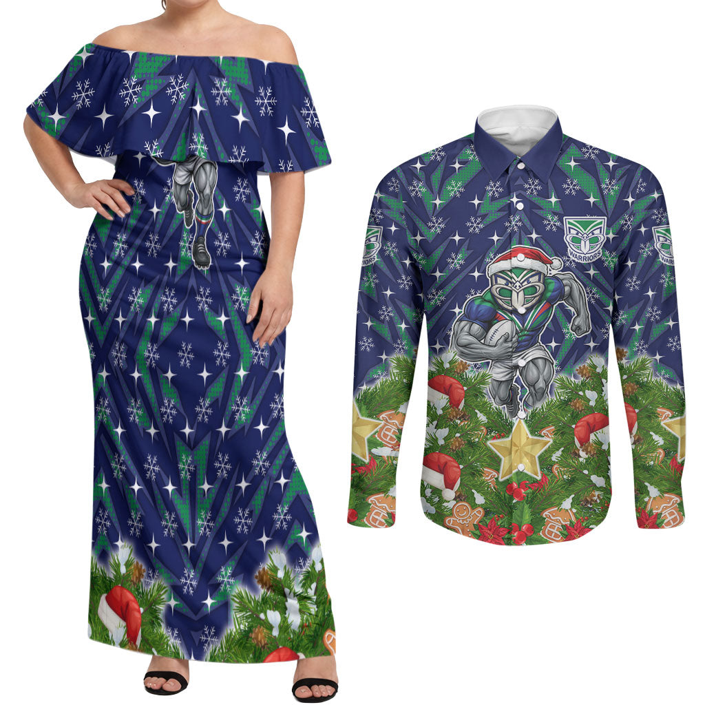 Personalised New Zealand Warriors Rugby Christmas Couples Matching Off Shoulder Maxi Dress and Long Sleeve Button Shirt Santa Rugby Mascot - Pine Wreath Festive