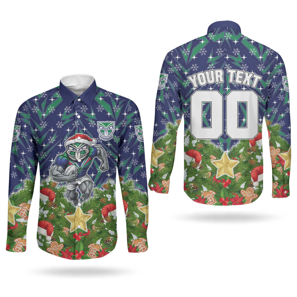 Personalised New Zealand Warriors Rugby Christmas Couples Matching Off Shoulder Maxi Dress and Long Sleeve Button Shirt Santa Rugby Mascot - Pine Wreath Festive