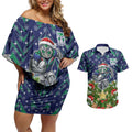Personalised New Zealand Warriors Rugby Christmas Couples Matching Off Shoulder Short Dress and Hawaiian Shirt Santa Rugby Mascot - Pine Wreath Festive