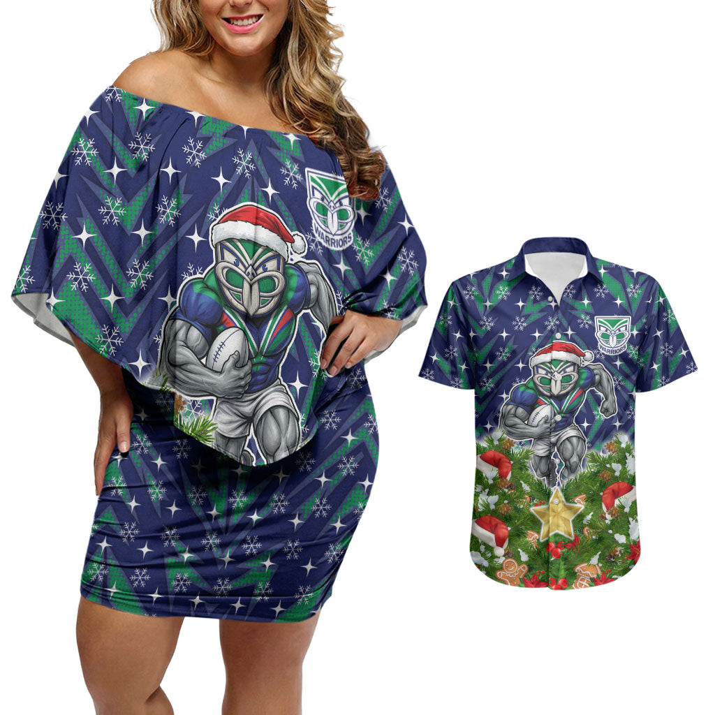 Personalised New Zealand Warriors Rugby Christmas Couples Matching Off Shoulder Short Dress and Hawaiian Shirt Santa Rugby Mascot - Pine Wreath Festive