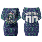 Personalised New Zealand Warriors Rugby Christmas Couples Matching Off Shoulder Short Dress and Hawaiian Shirt Santa Rugby Mascot - Pine Wreath Festive