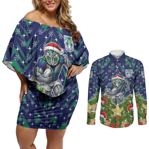 Personalised New Zealand Warriors Rugby Christmas Couples Matching Off Shoulder Short Dress and Long Sleeve Button Shirt Santa Rugby Mascot - Pine Wreath Festive