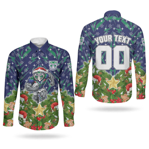 Personalised New Zealand Warriors Rugby Christmas Couples Matching Off Shoulder Short Dress and Long Sleeve Button Shirt Santa Rugby Mascot - Pine Wreath Festive