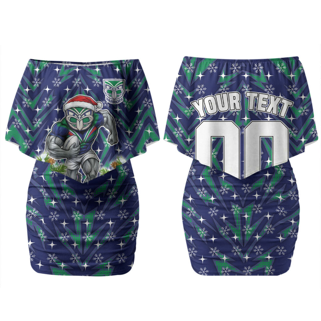 Personalised New Zealand Warriors Rugby Christmas Couples Matching Off Shoulder Short Dress and Long Sleeve Button Shirt Santa Rugby Mascot - Pine Wreath Festive