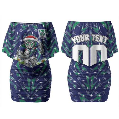 Personalised New Zealand Warriors Rugby Christmas Couples Matching Off Shoulder Short Dress and Long Sleeve Button Shirt Santa Rugby Mascot - Pine Wreath Festive