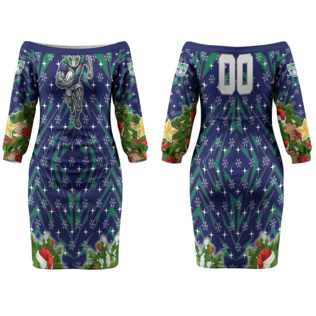Personalised New Zealand Warriors Rugby Christmas Couples Matching Off The Shoulder Long Sleeve Dress and Hawaiian Shirt Santa Rugby Mascot - Pine Wreath Festive