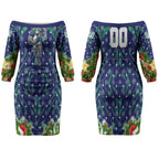 Personalised New Zealand Warriors Rugby Christmas Couples Matching Off The Shoulder Long Sleeve Dress and Hawaiian Shirt Santa Rugby Mascot - Pine Wreath Festive