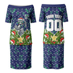 Personalised New Zealand Warriors Rugby Christmas Couples Matching Puletasi and Hawaiian Shirt Santa Rugby Mascot - Pine Wreath Festive