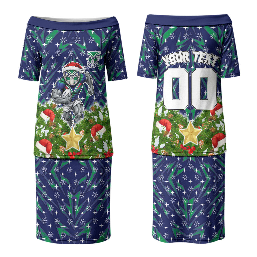 Personalised New Zealand Warriors Rugby Christmas Couples Matching Puletasi and Hawaiian Shirt Santa Rugby Mascot - Pine Wreath Festive