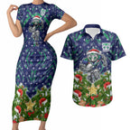 Personalised New Zealand Warriors Rugby Christmas Couples Matching Short Sleeve Bodycon Dress and Hawaiian Shirt Santa Rugby Mascot - Pine Wreath Festive