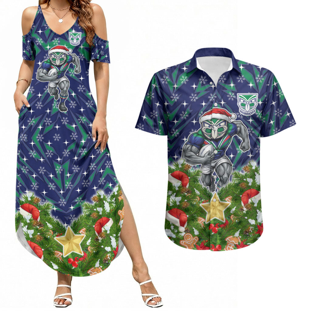 Personalised New Zealand Warriors Rugby Christmas Couples Matching Summer Maxi Dress and Hawaiian Shirt Santa Rugby Mascot - Pine Wreath Festive