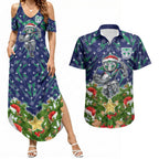 Personalised New Zealand Warriors Rugby Christmas Couples Matching Summer Maxi Dress and Hawaiian Shirt Santa Rugby Mascot - Pine Wreath Festive