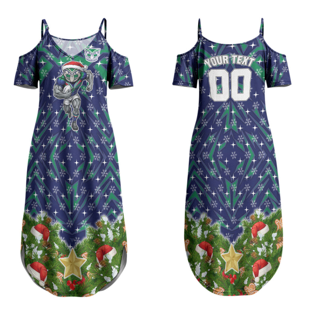 Personalised New Zealand Warriors Rugby Christmas Couples Matching Summer Maxi Dress and Long Sleeve Button Shirt Santa Rugby Mascot - Pine Wreath Festive