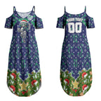 Personalised New Zealand Warriors Rugby Christmas Couples Matching Summer Maxi Dress and Long Sleeve Button Shirt Santa Rugby Mascot - Pine Wreath Festive