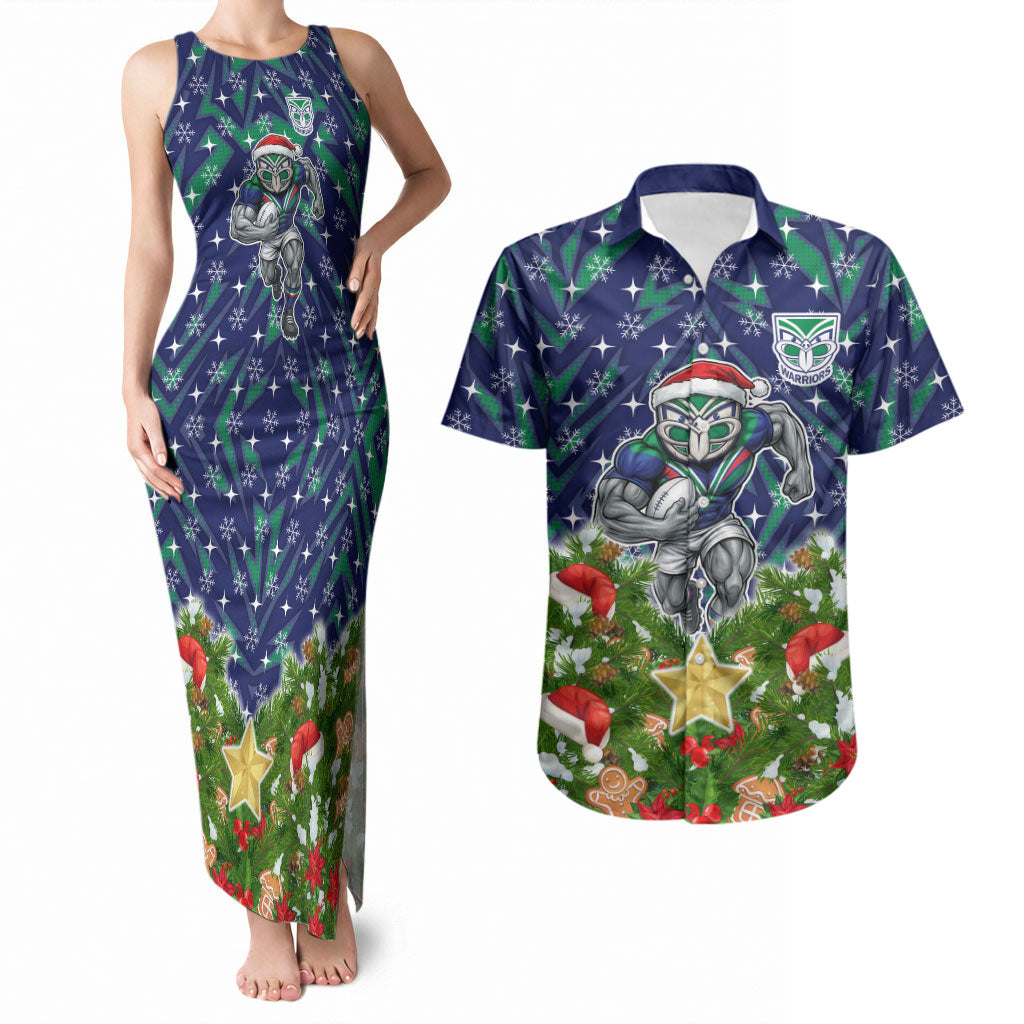 Personalised New Zealand Warriors Rugby Christmas Couples Matching Tank Maxi Dress and Hawaiian Shirt Santa Rugby Mascot - Pine Wreath Festive