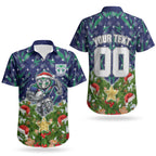 Personalised New Zealand Warriors Rugby Christmas Couples Matching Tank Maxi Dress and Hawaiian Shirt Santa Rugby Mascot - Pine Wreath Festive