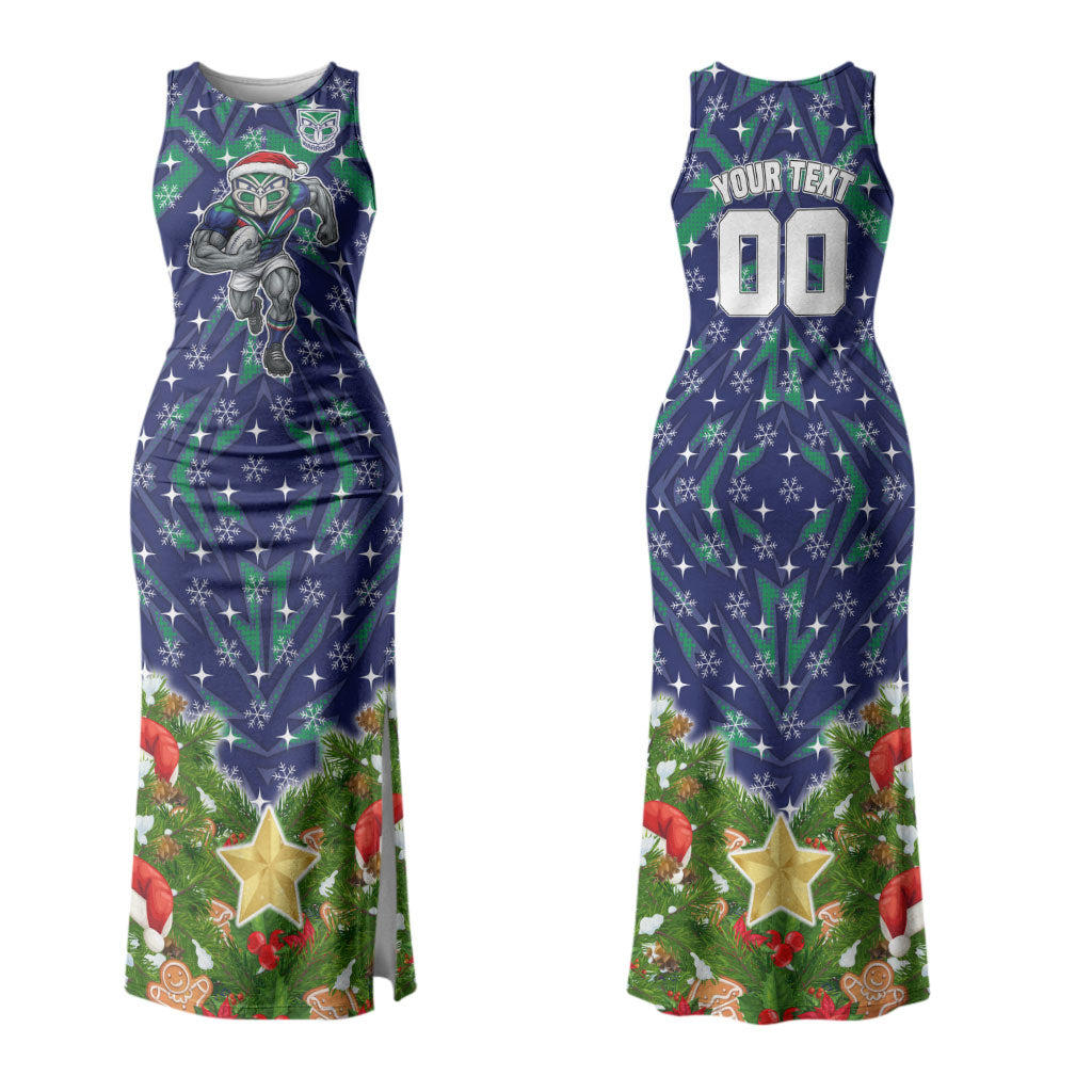 Personalised New Zealand Warriors Rugby Christmas Couples Matching Tank Maxi Dress and Hawaiian Shirt Santa Rugby Mascot - Pine Wreath Festive