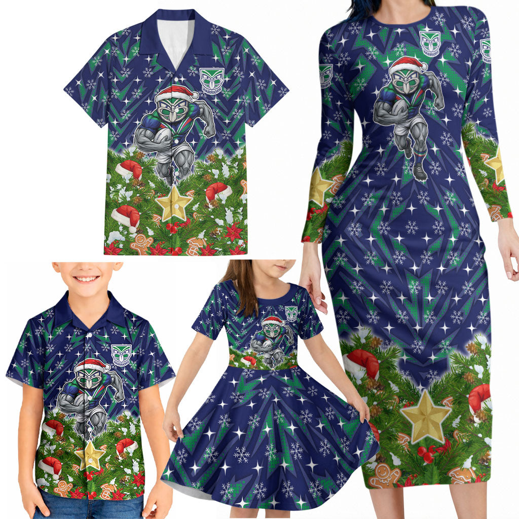 Personalised New Zealand Warriors Rugby Christmas Family Matching Long Sleeve Bodycon Dress and Hawaiian Shirt Santa Rugby Mascot - Pine Wreath Festive