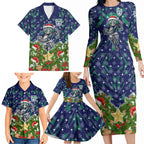 Personalised New Zealand Warriors Rugby Christmas Family Matching Long Sleeve Bodycon Dress and Hawaiian Shirt Santa Rugby Mascot - Pine Wreath Festive