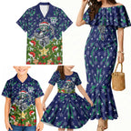 Personalised New Zealand Warriors Rugby Christmas Family Matching Mermaid Dress and Hawaiian Shirt Santa Rugby Mascot - Pine Wreath Festive