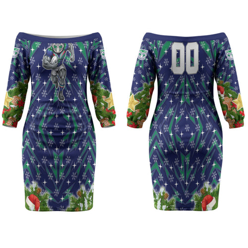 Personalised New Zealand Warriors Rugby Christmas Family Matching Off The Shoulder Long Sleeve Dress and Hawaiian Shirt Santa Rugby Mascot - Pine Wreath Festive