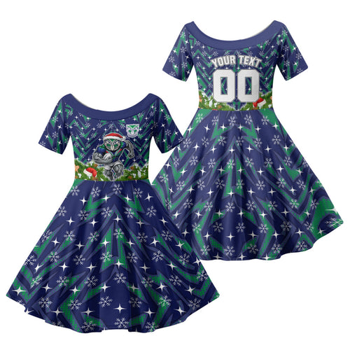 Personalised New Zealand Warriors Rugby Christmas Family Matching Off The Shoulder Long Sleeve Dress and Hawaiian Shirt Santa Rugby Mascot - Pine Wreath Festive