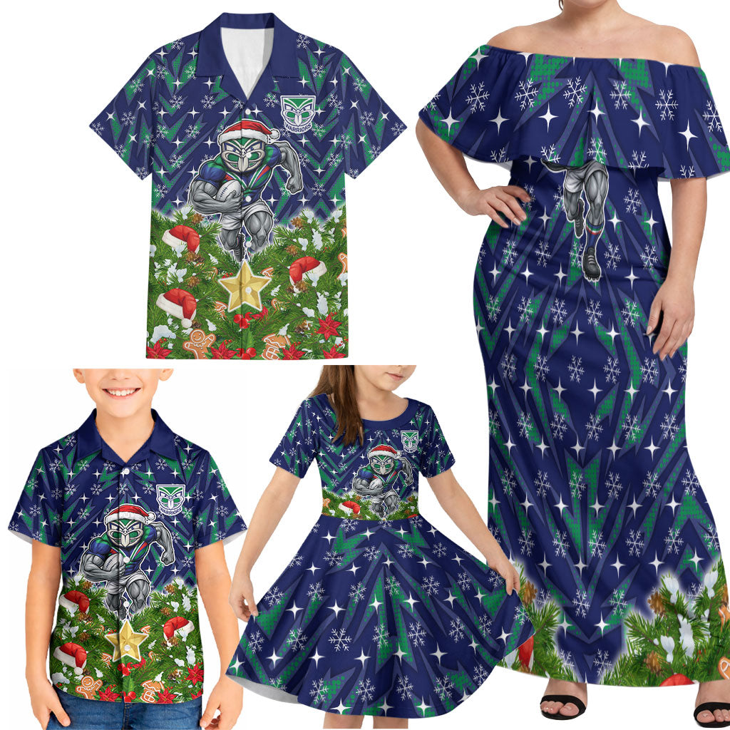 Personalised New Zealand Warriors Rugby Christmas Family Matching Off Shoulder Maxi Dress and Hawaiian Shirt Santa Rugby Mascot - Pine Wreath Festive