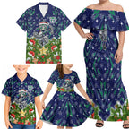 Personalised New Zealand Warriors Rugby Christmas Family Matching Off Shoulder Maxi Dress and Hawaiian Shirt Santa Rugby Mascot - Pine Wreath Festive
