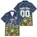 Personalised New Zealand Warriors Rugby Christmas Family Matching Off Shoulder Maxi Dress and Hawaiian Shirt Santa Rugby Mascot - Pine Wreath Festive