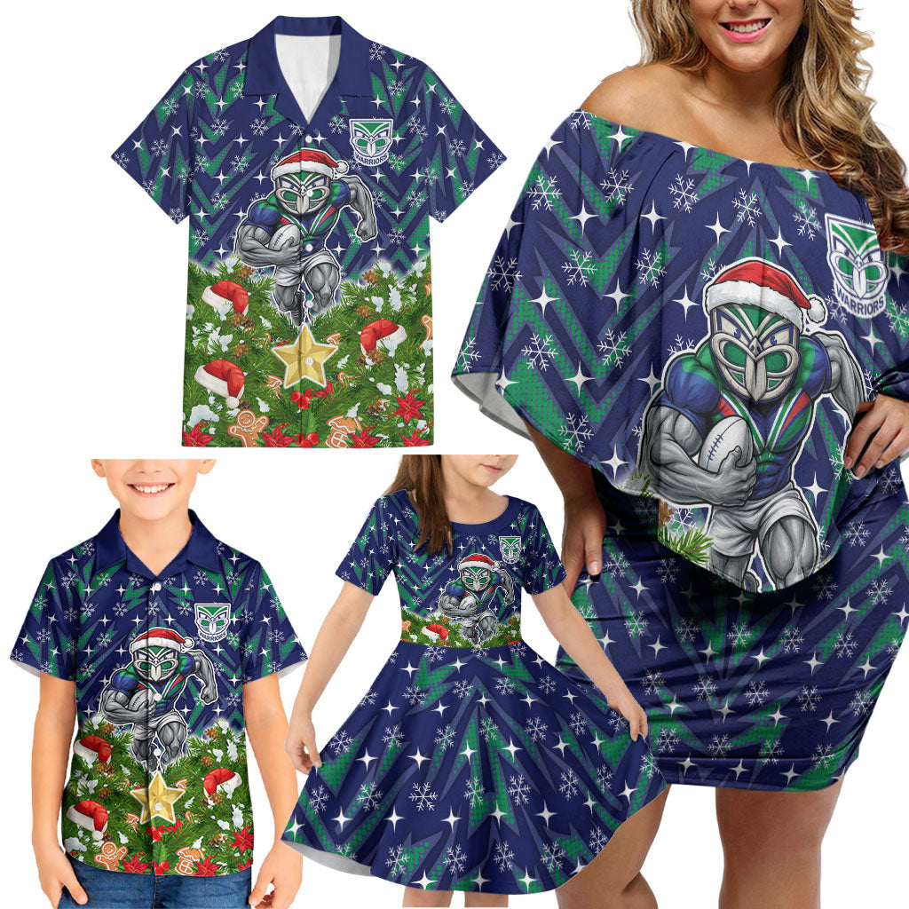 Personalised New Zealand Warriors Rugby Christmas Family Matching Off Shoulder Short Dress and Hawaiian Shirt Santa Rugby Mascot - Pine Wreath Festive