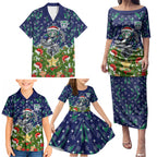 Personalised New Zealand Warriors Rugby Christmas Family Matching Puletasi and Hawaiian Shirt Santa Rugby Mascot - Pine Wreath Festive