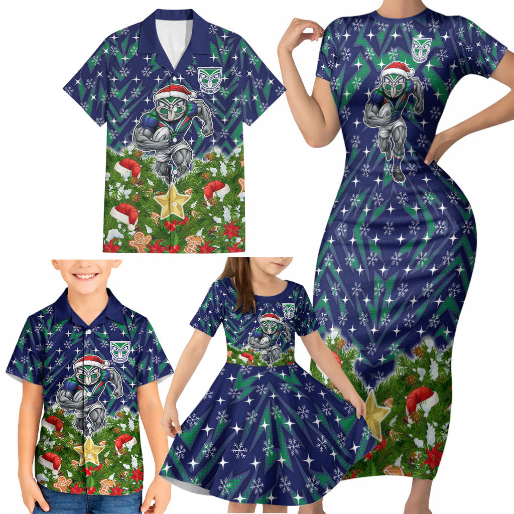 Personalised New Zealand Warriors Rugby Christmas Family Matching Short Sleeve Bodycon Dress and Hawaiian Shirt Santa Rugby Mascot - Pine Wreath Festive