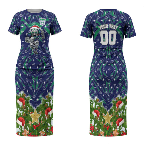 Personalised New Zealand Warriors Rugby Christmas Family Matching Short Sleeve Bodycon Dress and Hawaiian Shirt Santa Rugby Mascot - Pine Wreath Festive