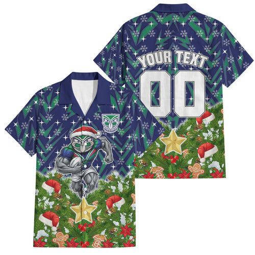 Personalised New Zealand Warriors Rugby Christmas Family Matching Short Sleeve Bodycon Dress and Hawaiian Shirt Santa Rugby Mascot - Pine Wreath Festive