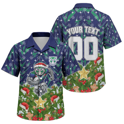 Personalised New Zealand Warriors Rugby Christmas Family Matching Short Sleeve Bodycon Dress and Hawaiian Shirt Santa Rugby Mascot - Pine Wreath Festive