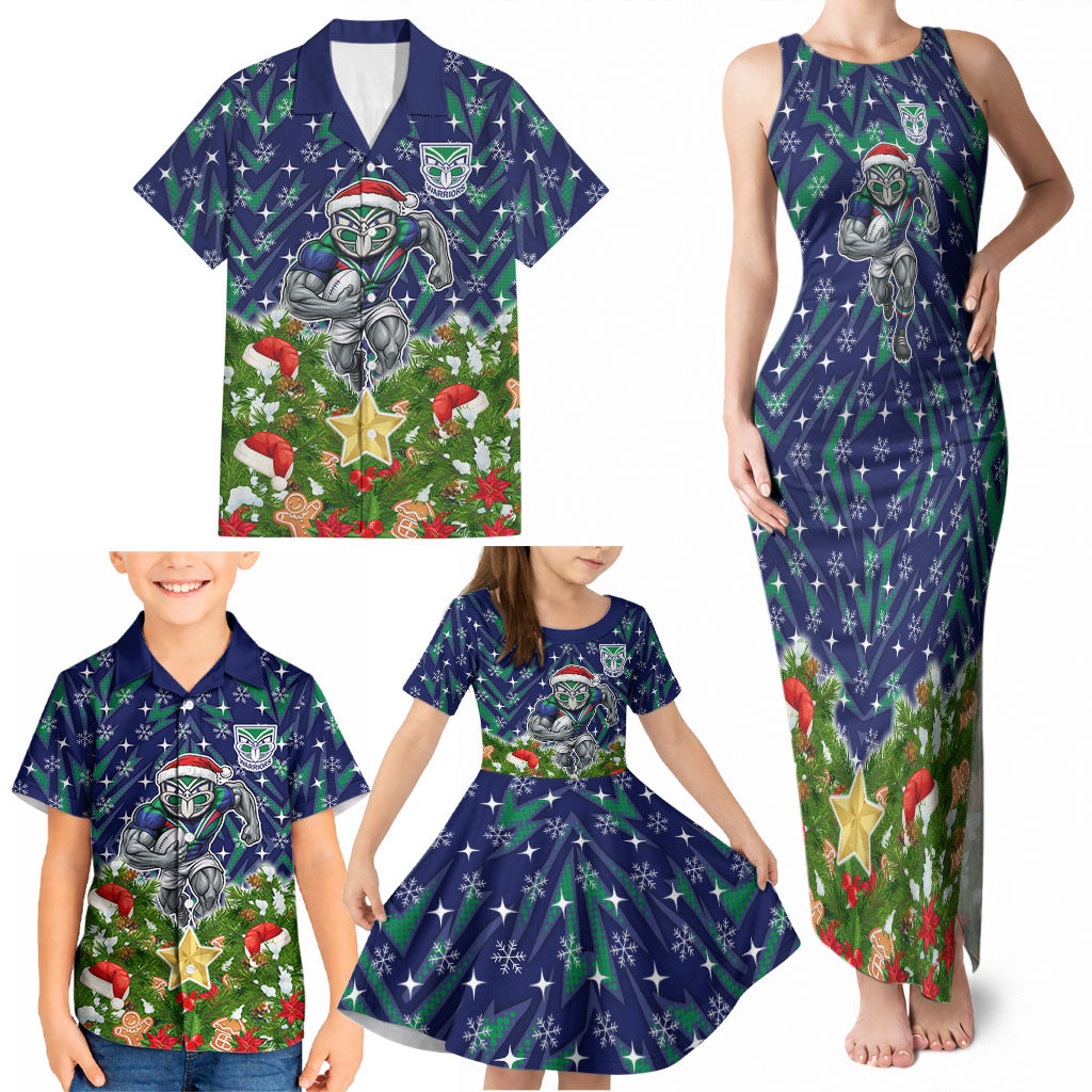 Personalised New Zealand Warriors Rugby Christmas Family Matching Tank Maxi Dress and Hawaiian Shirt Santa Rugby Mascot - Pine Wreath Festive