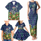 Personalised New Zealand Warriors Rugby Christmas Family Matching Tank Maxi Dress and Hawaiian Shirt Santa Rugby Mascot - Pine Wreath Festive